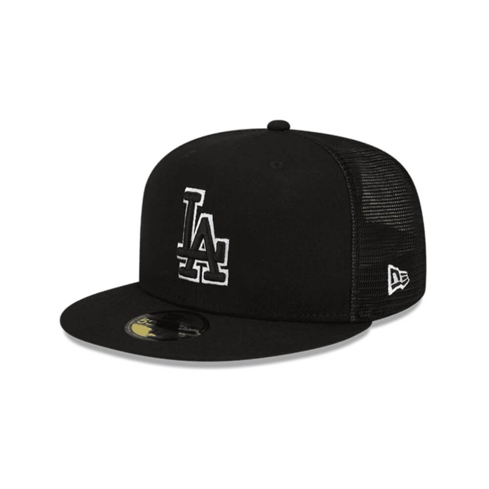 NEW ERA 59FIFTY MLB CAMIONERA LA DODGERS LOGO NEGRO Y BLANCO GORRA CERRADA NEGRA