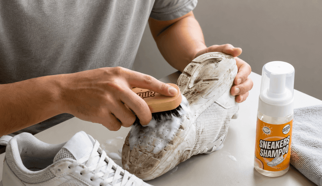 Espuma LIBUR aplicada sobre un tenis blanco