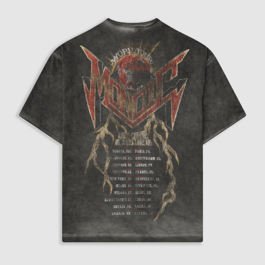 MONOIC RECORDS CAMISETA BOXY FIT WORLD TOUR GRIS DESGASTADO