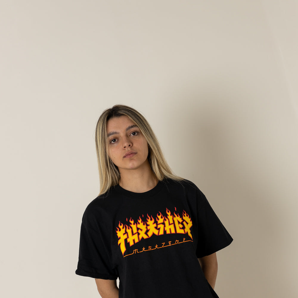 Black thrasher hotsell flame t shirt